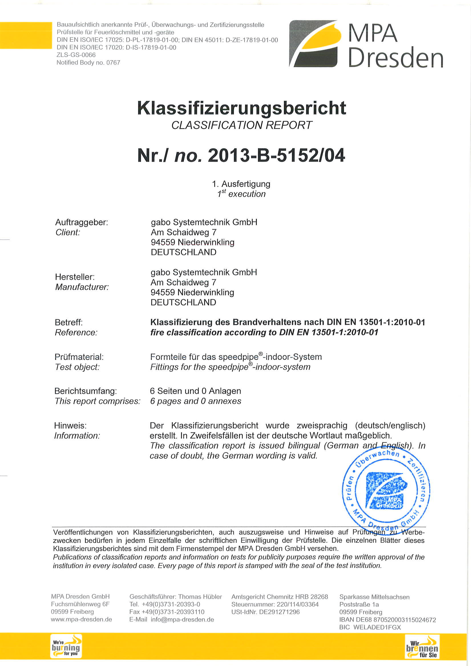 DIN EN 13501-1 Bauprodukte Klassifizierungsbericht Formteile