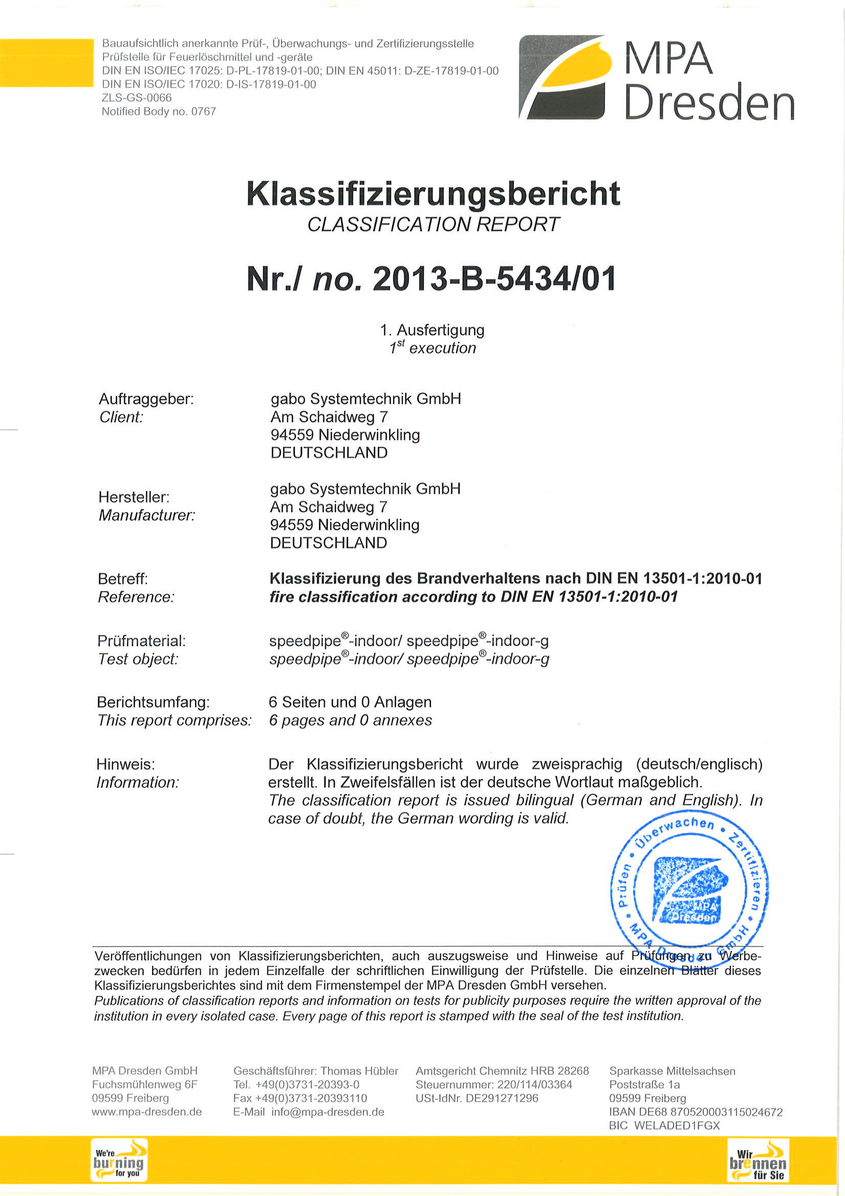 DIN EN 13501-1 Bauprodukte Klassifizierungsbericht speedpipe indoor