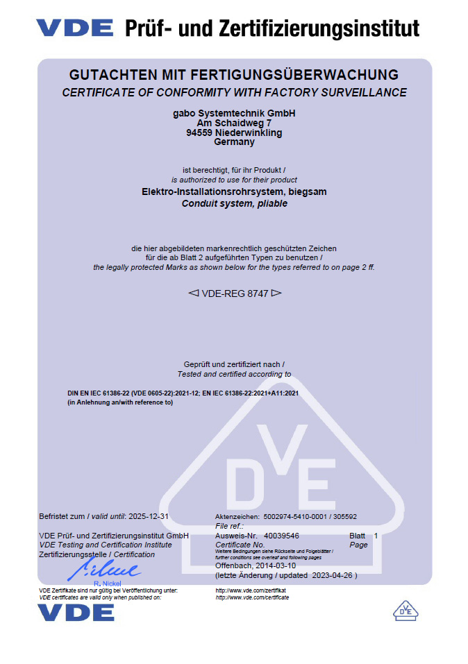 VDE Prüf- und Zertifizierungsinstitut Elektro-Installationsrohrsystem